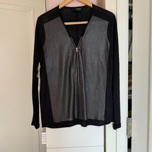 The Kooples Black Top with a Leather Front, and Zipper Detial